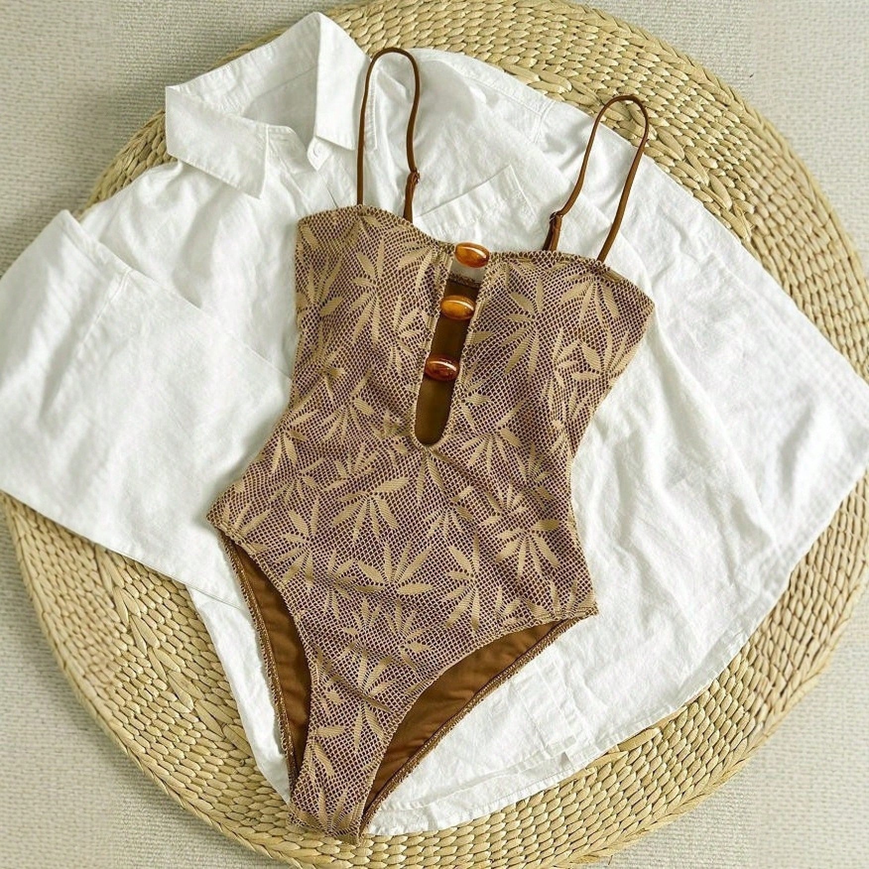 2026 Hot Bohemian Summer Vacation Spaghetti Strap Open Back One Piece Swimsuit Women Special Fabric Beach Bathing Suit