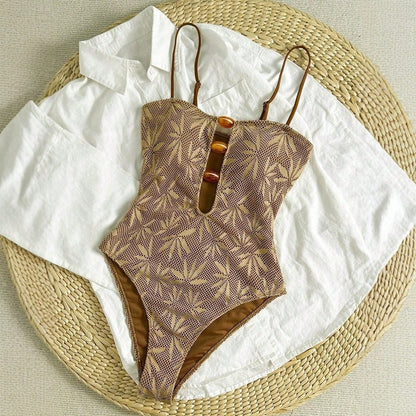 2026 Hot Bohemian Summer Vacation Spaghetti Strap Open Back One Piece Swimsuit Women Special Fabric Beach Bathing Suit
