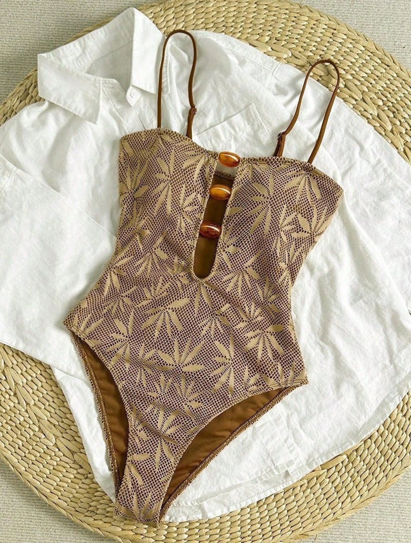 2026 Hot Bohemian Summer Vacation Spaghetti Strap Open Back One Piece Swimsuit Women Special Fabric Beach Bathing Suit