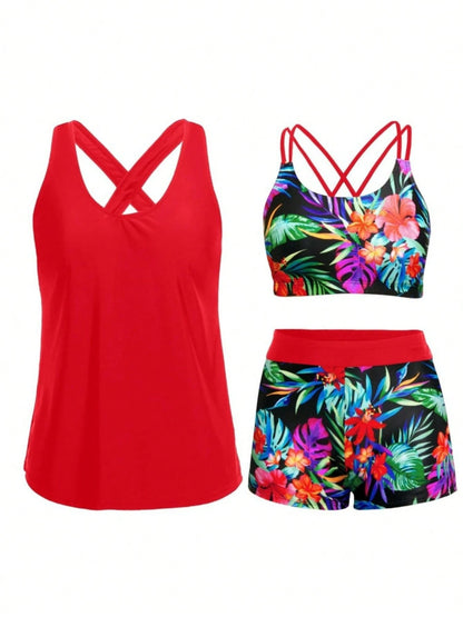 2026 New Arrival Women 3PCS Tankini Set, Double Spaghetti Straps Tummy Control Sexy European Style Beach Swimwear