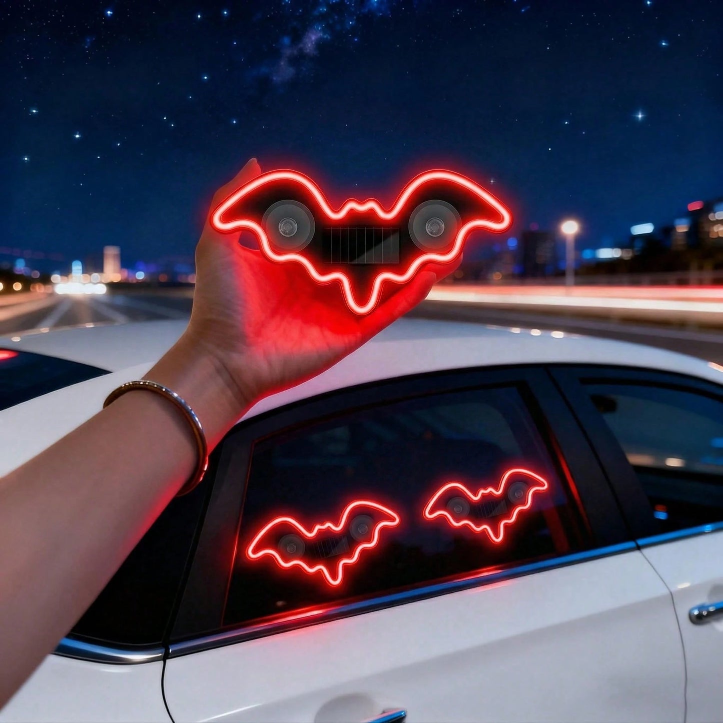 2026 New Bat Solar Powered Car Ambient Light Designed Specifically For Female Car Owners. Features 3.7V+300mAh Battery, Bat-Shaped Neon Light Decoration Window And Automatic Sensing Design. Offers 5 L