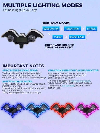 2026 New Bat Solar Powered Car Ambient Light Designed Specifically For Female Car Owners. Features 3.7V+300mAh Battery, Bat-Shaped Neon Light Decoration Window And Automatic Sensing Design. Offers 5 L