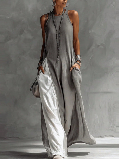 2026 New European American Women Sleeveless Loose Color Block Off Shoulder Casual Dress With Pockets