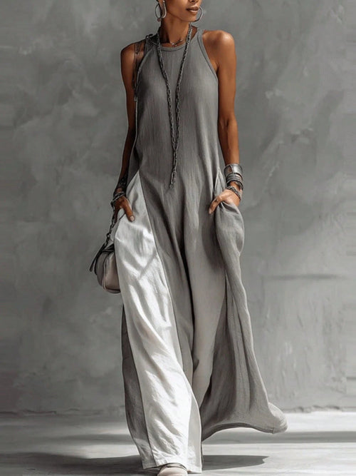 2026 New European American Women Sleeveless Loose Color Block Off Shoulder Casual Dress With Pockets