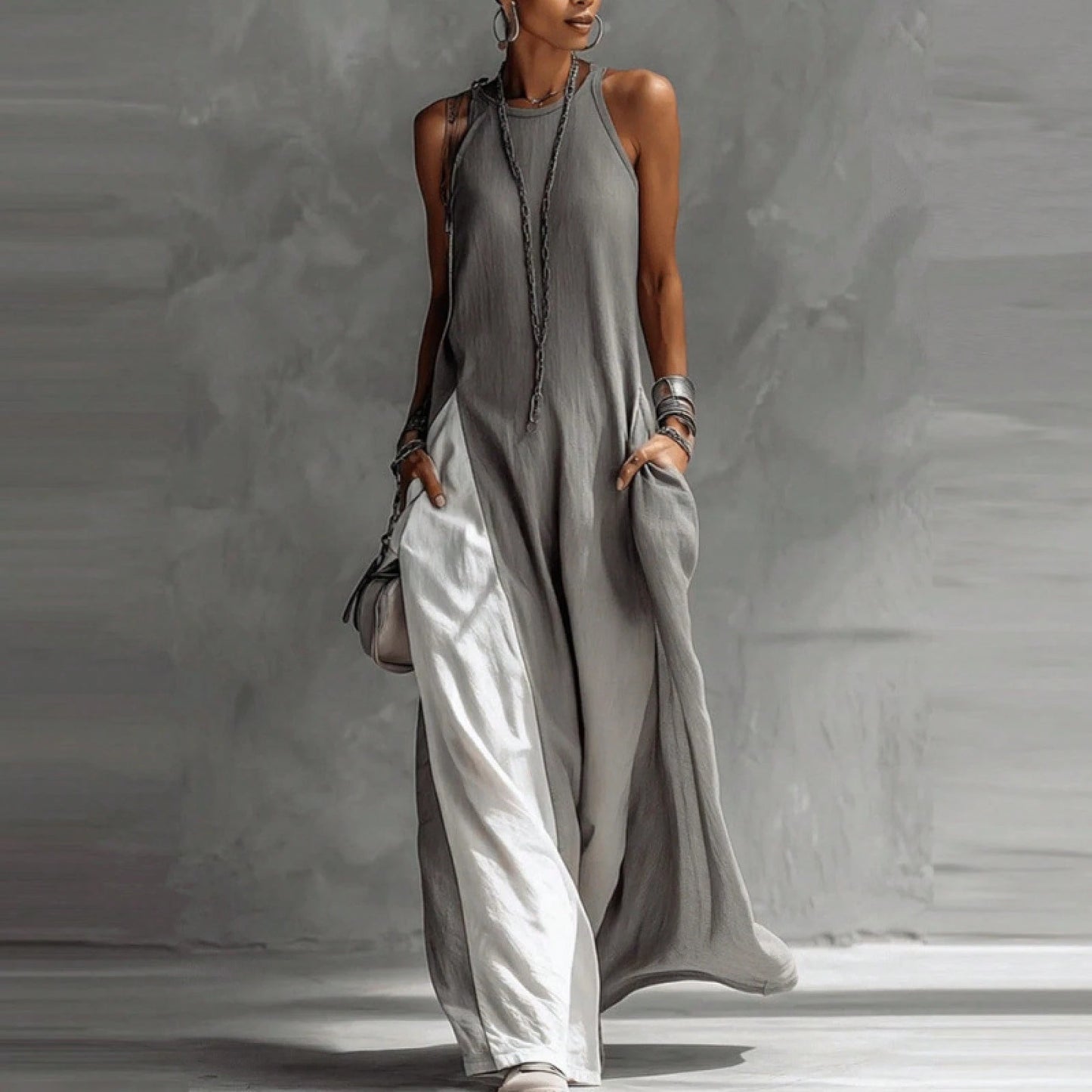 2026 New European American Women Sleeveless Loose Color Block Off Shoulder Casual Dress With Pockets
