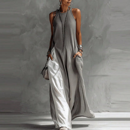 2026 New European American Women Sleeveless Loose Color Block Off Shoulder Casual Dress With Pockets