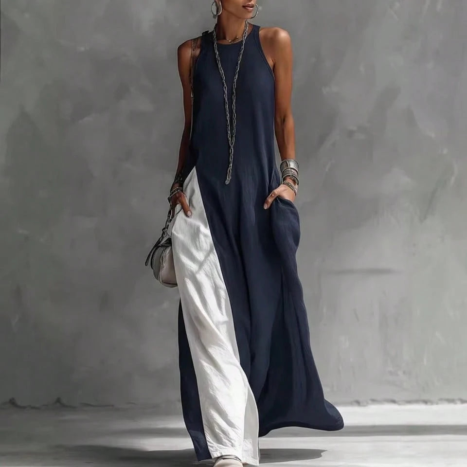 2026 New European American Women Sleeveless Loose Color Block Off Shoulder Casual Dress With Pockets