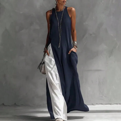2026 New European American Women Sleeveless Loose Color Block Off Shoulder Casual Dress With Pockets
