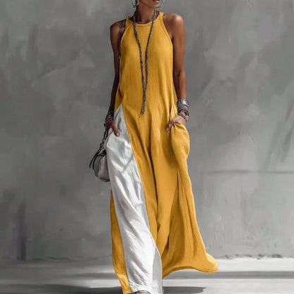 2026 New European American Women Sleeveless Loose Color Block Off Shoulder Casual Dress With Pockets