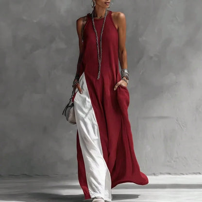 2026 New European American Women Sleeveless Loose Color Block Off Shoulder Casual Dress With Pockets
