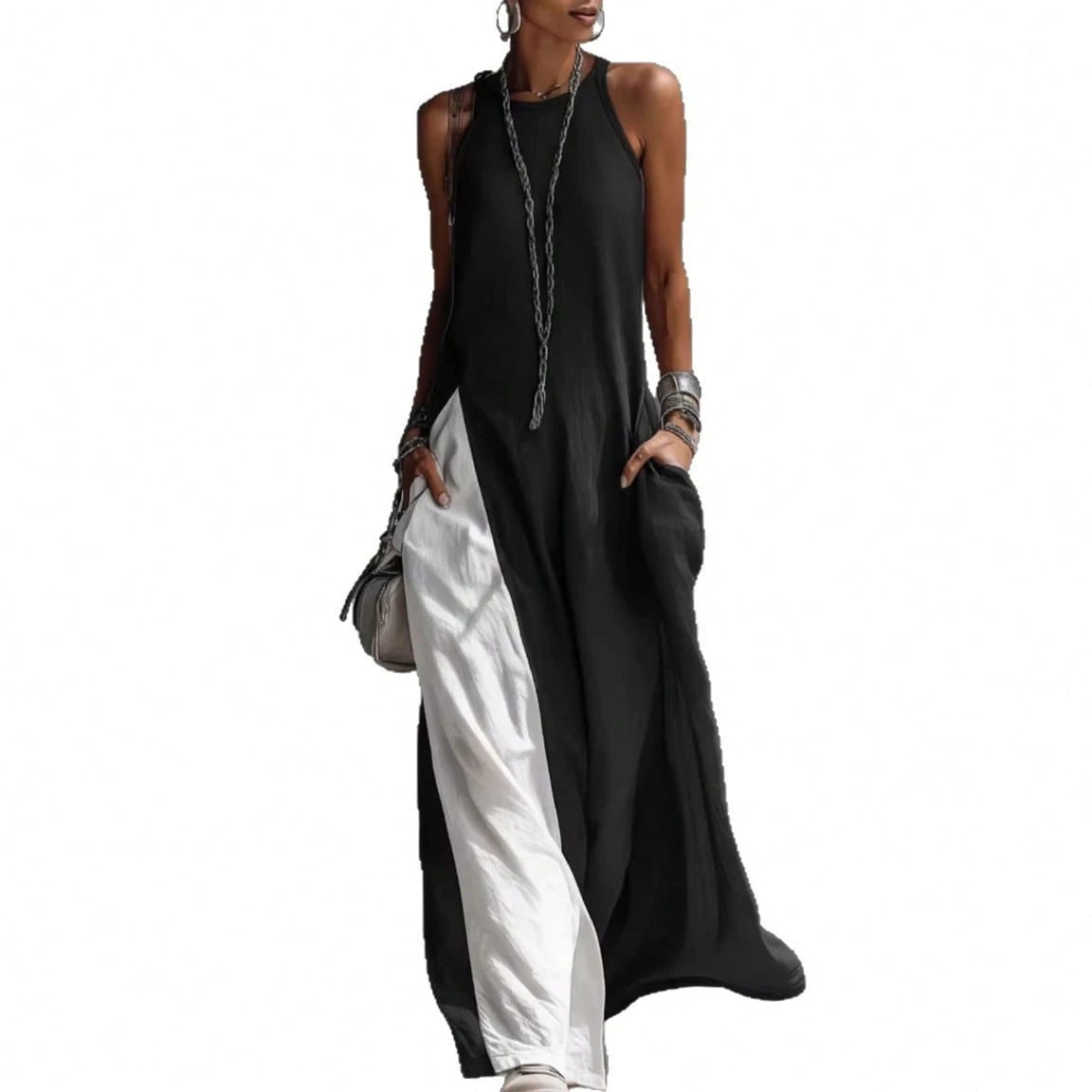 2026 New European American Women Sleeveless Loose Color Block Off Shoulder Casual Dress With Pockets