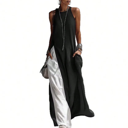 2026 New European American Women Sleeveless Loose Color Block Off Shoulder Casual Dress With Pockets