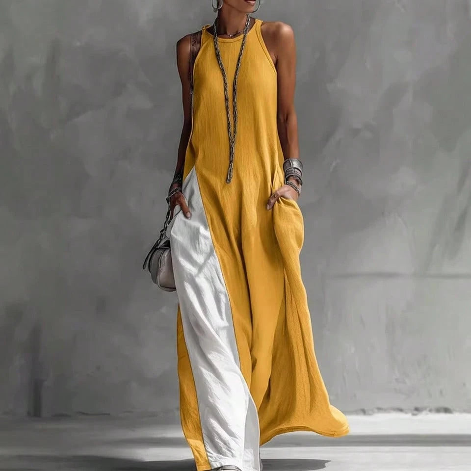 2026 New European American Women Sleeveless Loose Color Block Off Shoulder Casual Dress With Pockets