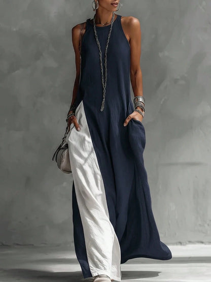 2026 New European American Women Sleeveless Loose Color Block Off Shoulder Casual Dress With Pockets