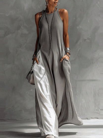 2026 New European American Women Sleeveless Loose Color Block Off Shoulder Casual Dress With Pockets