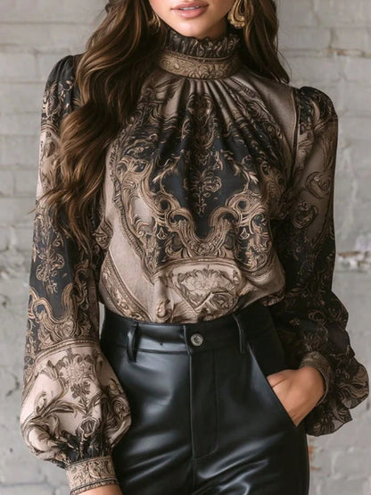 2026 New Paisley Print Blouse With Mock Neck/High Neck, Bell Sleeve/Large Bell Sleeve, Faux Satin Touch, Luxury Gold Print Chiffon Blouse, Gothic Victorian Style High Neck Top (Gothic Victorian Elegan