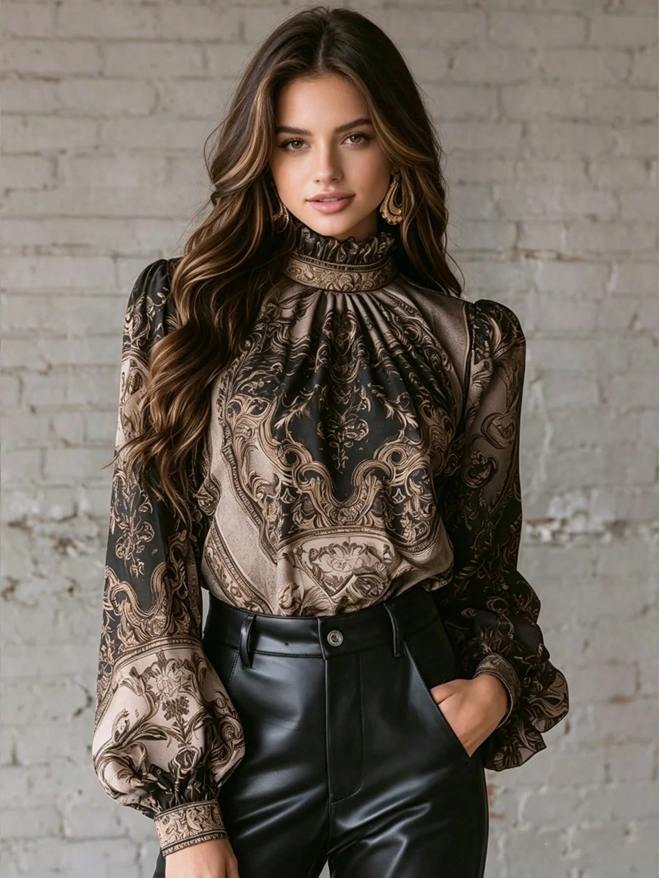 2026 New Paisley Print Blouse With Mock Neck/High Neck, Bell Sleeve/Large Bell Sleeve, Faux Satin Touch, Luxury Gold Print Chiffon Blouse, Gothic Victorian Style High Neck Top (Gothic Victorian Elegan