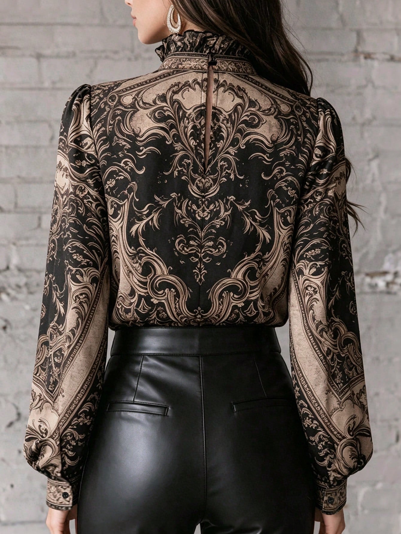 2026 New Paisley Print Blouse With Mock Neck/High Neck, Bell Sleeve/Large Bell Sleeve, Faux Satin Touch, Luxury Gold Print Chiffon Blouse, Gothic Victorian Style High Neck Top (Gothic Victorian Elegan