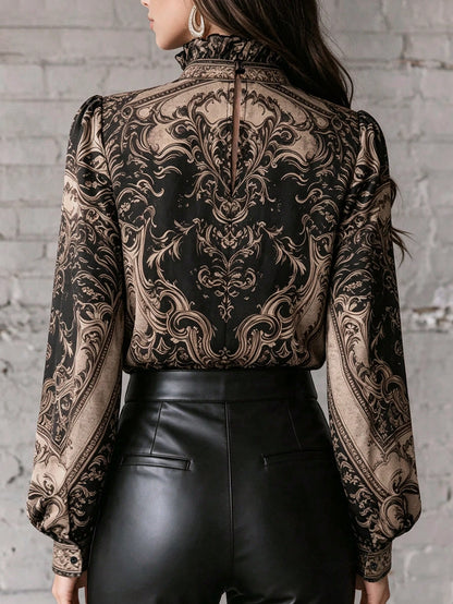 2026 New Paisley Print Blouse With Mock Neck/High Neck, Bell Sleeve/Large Bell Sleeve, Faux Satin Touch, Luxury Gold Print Chiffon Blouse, Gothic Victorian Style High Neck Top (Gothic Victorian Elegan