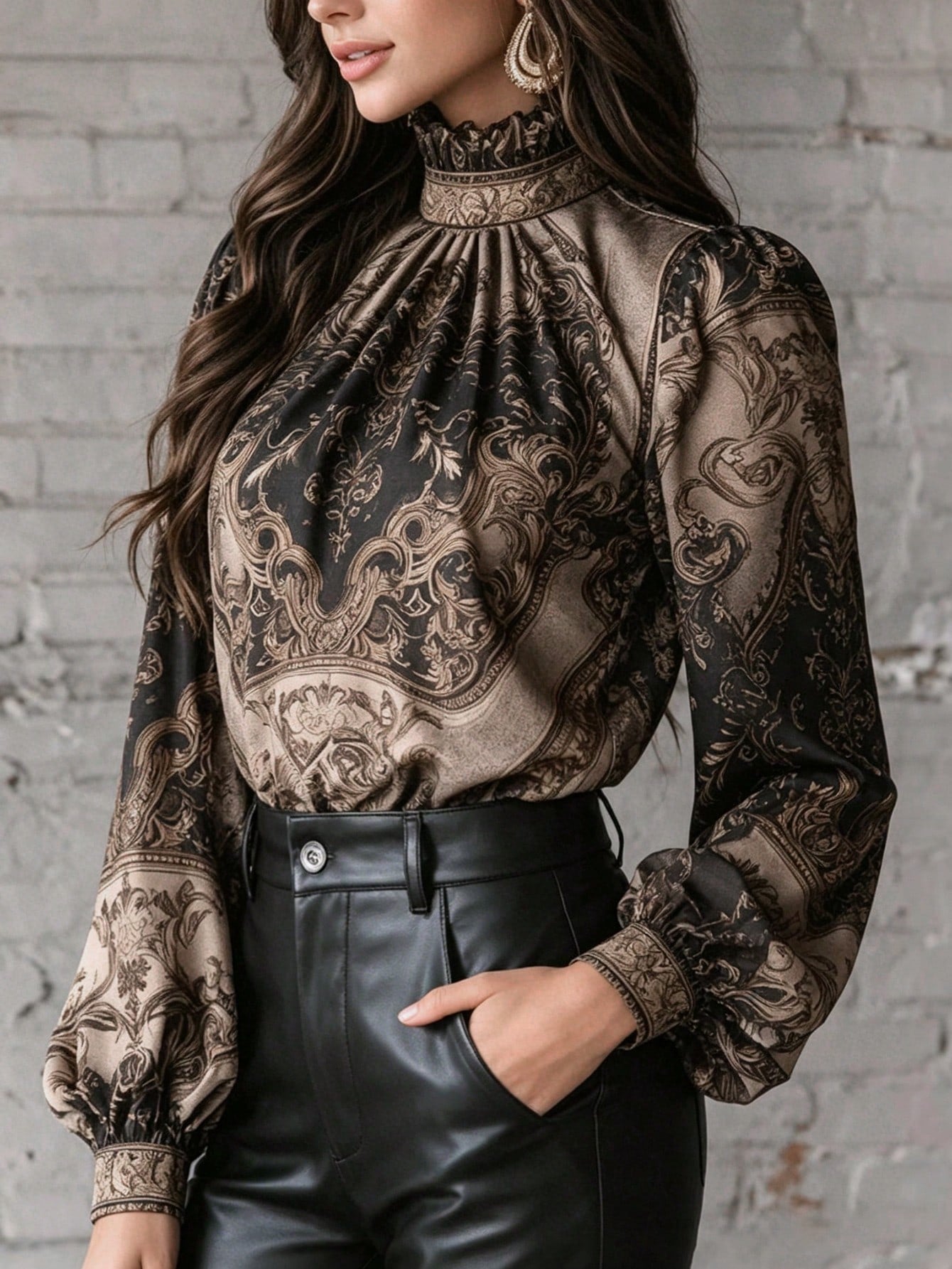 2026 New Paisley Print Blouse With Mock Neck/High Neck, Bell Sleeve/Large Bell Sleeve, Faux Satin Touch, Luxury Gold Print Chiffon Blouse, Gothic Victorian Style High Neck Top (Gothic Victorian Elegan