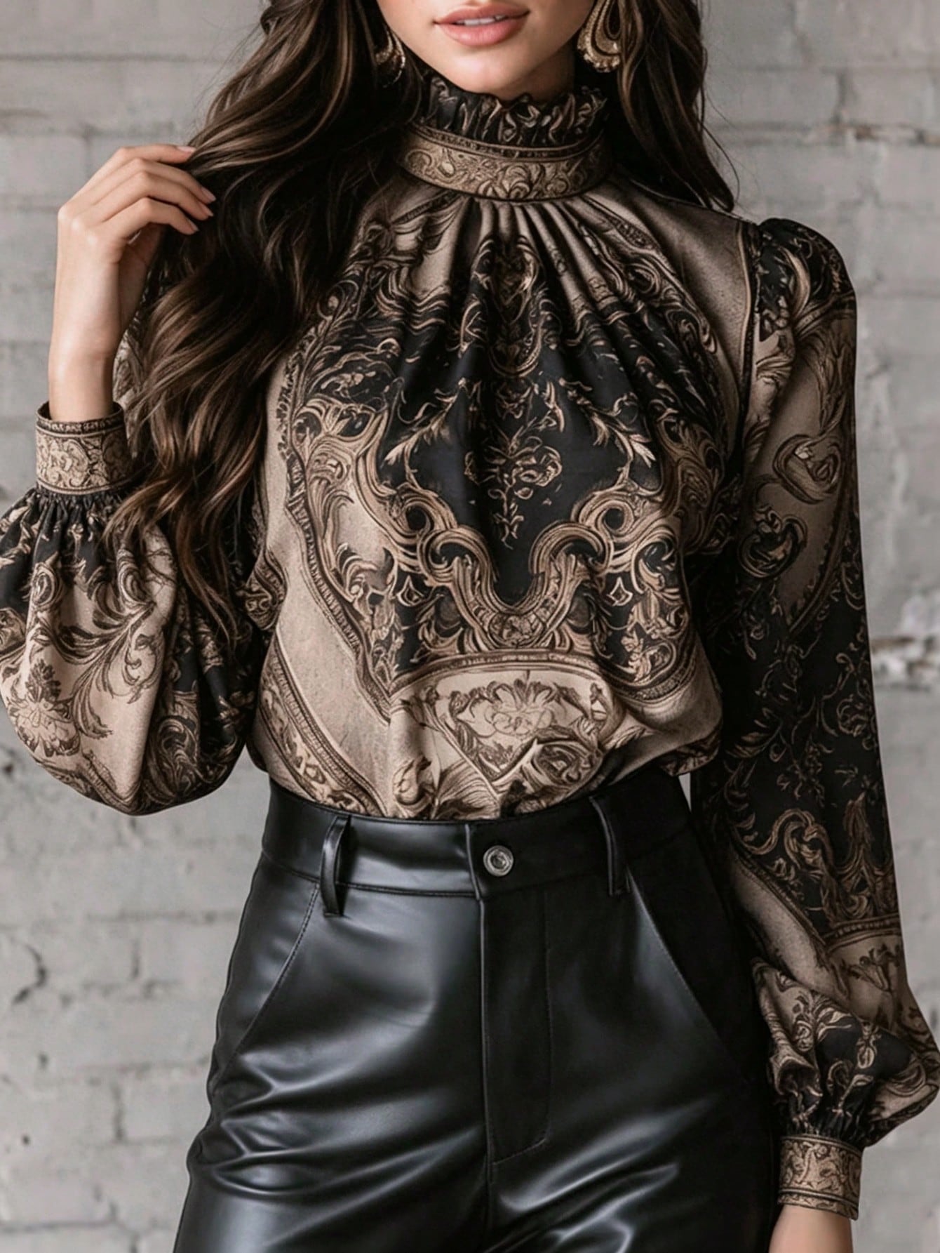 2026 New Paisley Print Blouse With Mock Neck/High Neck, Bell Sleeve/Large Bell Sleeve, Faux Satin Touch, Luxury Gold Print Chiffon Blouse, Gothic Victorian Style High Neck Top (Gothic Victorian Elegan