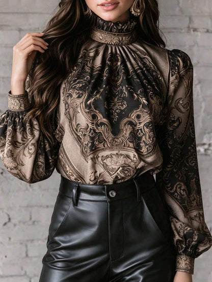 2026 New Paisley Print Blouse With Mock Neck/High Neck, Bell Sleeve/Large Bell Sleeve, Faux Satin Touch, Luxury Gold Print Chiffon Blouse, Gothic Victorian Style High Neck Top (Gothic Victorian Elegan