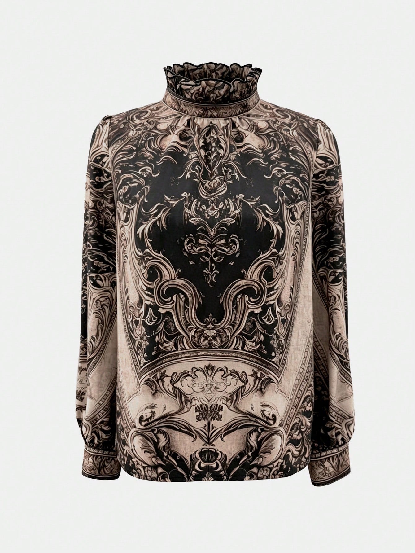 2026 New Paisley Print Blouse With Mock Neck/High Neck, Bell Sleeve/Large Bell Sleeve, Faux Satin Touch, Luxury Gold Print Chiffon Blouse, Gothic Victorian Style High Neck Top (Gothic Victorian Elegan