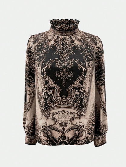 2026 New Paisley Print Blouse With Mock Neck/High Neck, Bell Sleeve/Large Bell Sleeve, Faux Satin Touch, Luxury Gold Print Chiffon Blouse, Gothic Victorian Style High Neck Top (Gothic Victorian Elegan