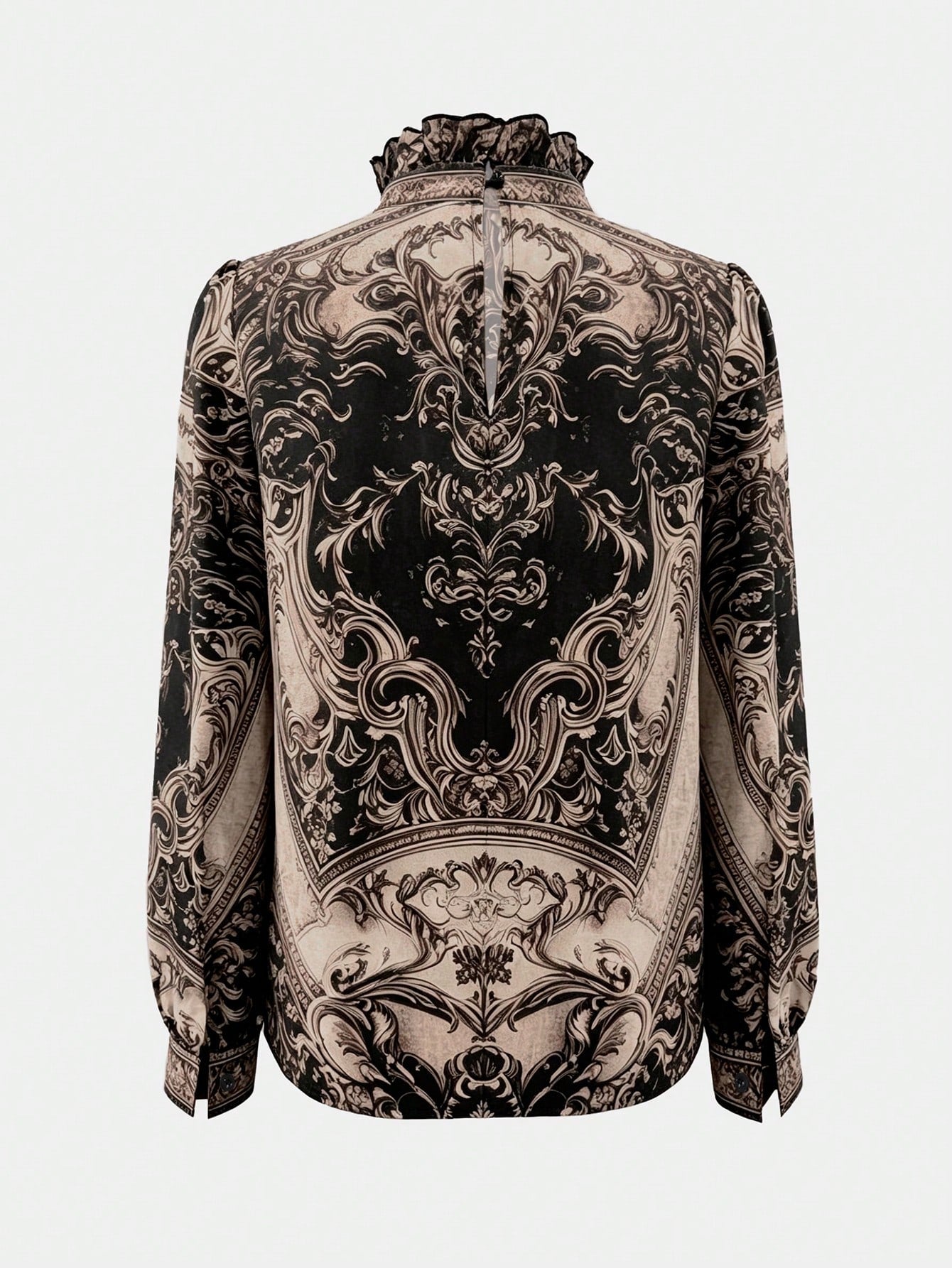 2026 New Paisley Print Blouse With Mock Neck/High Neck, Bell Sleeve/Large Bell Sleeve, Faux Satin Touch, Luxury Gold Print Chiffon Blouse, Gothic Victorian Style High Neck Top (Gothic Victorian Elegan