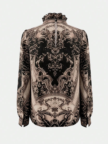 2026 New Paisley Print Blouse With Mock Neck/High Neck, Bell Sleeve/Large Bell Sleeve, Faux Satin Touch, Luxury Gold Print Chiffon Blouse, Gothic Victorian Style High Neck Top (Gothic Victorian Elegan