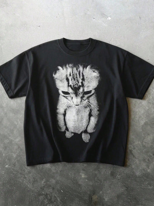 2026 New Sad Cat Graphic Tee, Round Neck Casual T-Shirt, Y2K Style Plus Size Women's Tee, Funny Gift For Her, Suitable For Daily Wear Black Summer