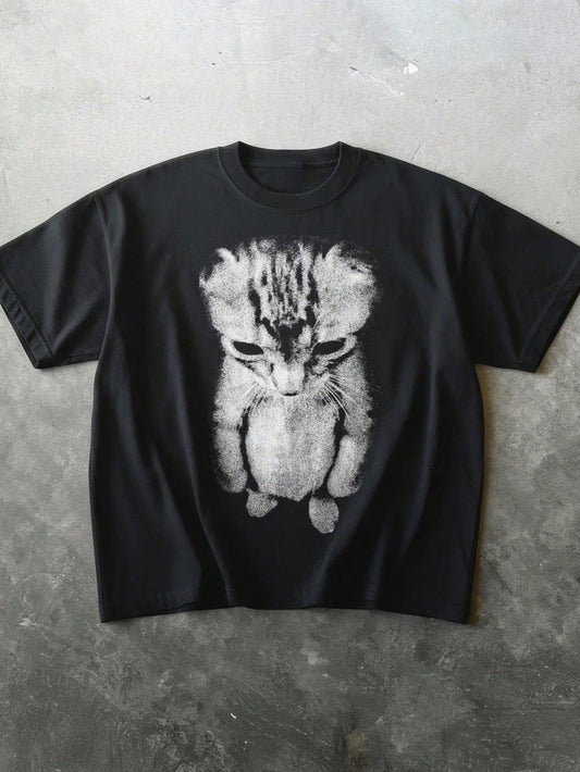 2026 New Sad Cat Graphic Tee, Round Neck Casual T-Shirt, Y2K Style Plus Size Women's Tee, Funny Gift For Her, Suitable For Daily Wear Black Summer