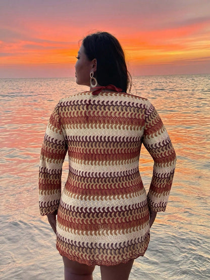 2026 New Summer Beach Vacation Sexy Swim SXY 3-Piece Set Sexy Colorful Hollow Striped Cover-Up, Triangle Bikini Set Set, Women's Spring/Summer Plus Size Bikini Set Set