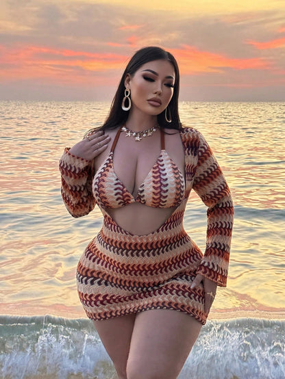 2026 New Summer Beach Vacation Sexy Swim SXY 3-Piece Set Sexy Colorful Hollow Striped Cover-Up, Triangle Bikini Set Set, Women's Spring/Summer Plus Size Bikini Set Set