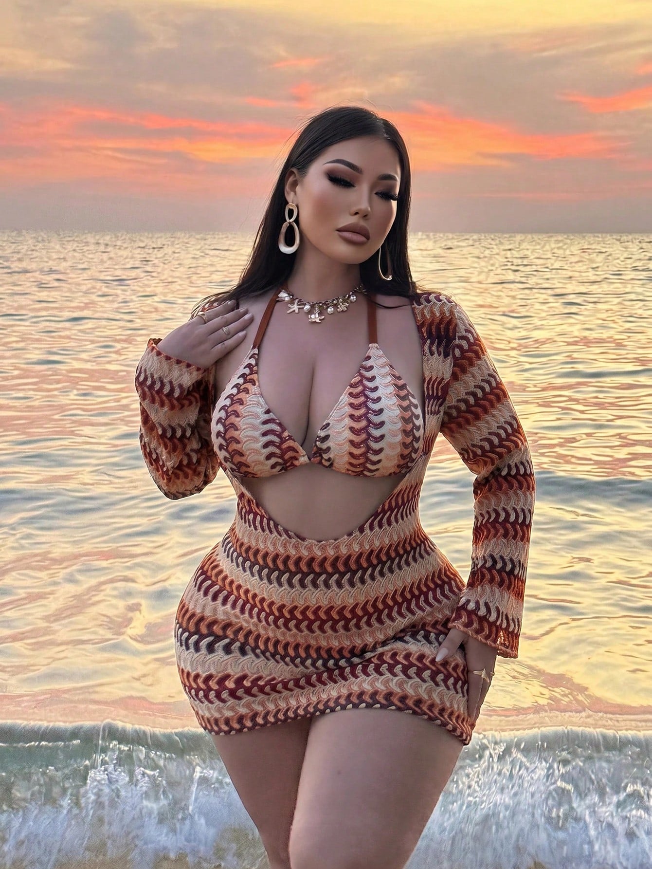 2026 New Summer Beach Vacation Sexy Swim SXY 3-Piece Set Sexy Colorful Hollow Striped Cover-Up, Triangle Bikini Set Set, Women's Spring/Summer Plus Size Bikini Set Set