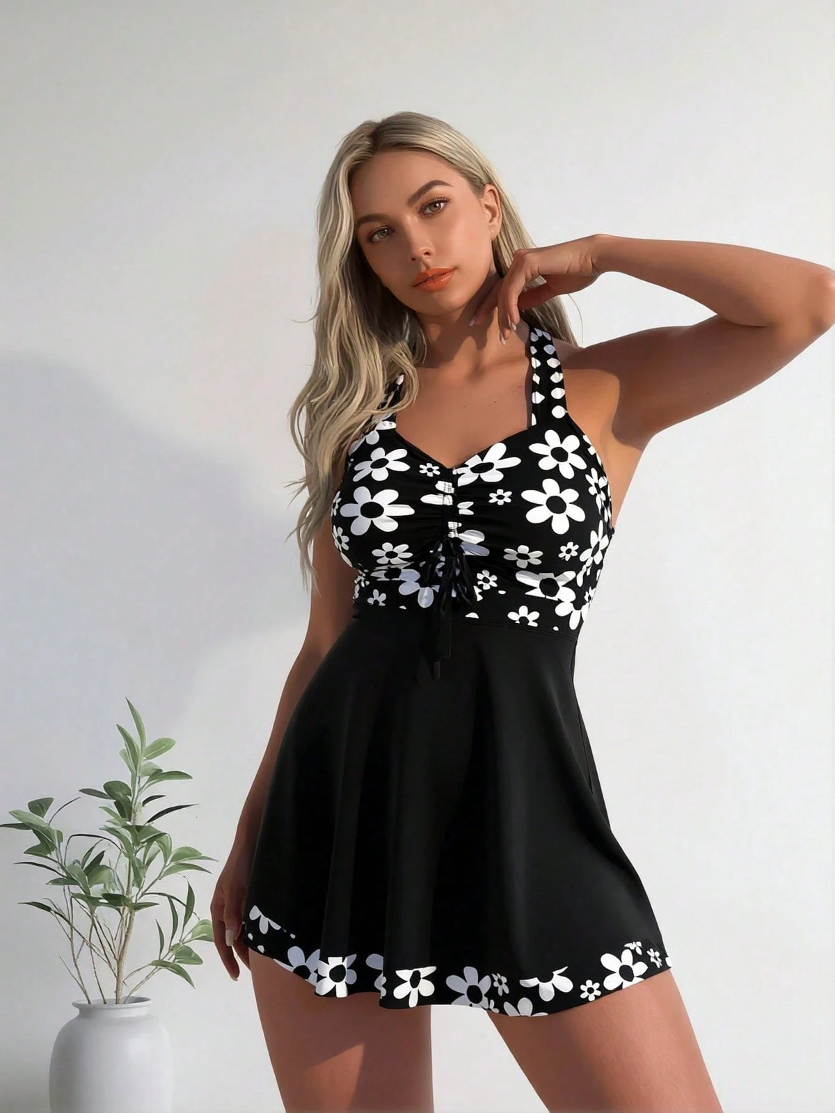 2026 New White Daisy Print Halter Swim Dress, Front Drawstring V Neck Criss Cross Back Tummy Control Two Piece Bathing Suit