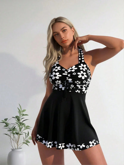 2026 New White Daisy Print Halter Swim Dress, Front Drawstring V Neck Criss Cross Back Tummy Control Two Piece Bathing Suit