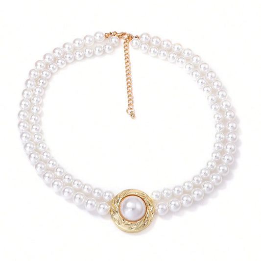 2026 Wedding Season Faux Pearl Necklace & Earrings Set For Women, Gold Tone Double-Strand Statement Jewelry For Formal Events.