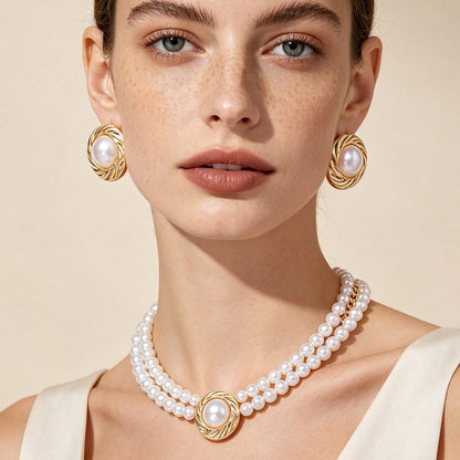 2026 Wedding Season Faux Pearl Necklace & Earrings Set For Women, Gold Tone Double-Strand Statement Jewelry For Formal Events.