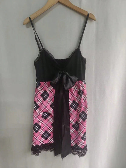 2026Harajuku Sweet Cool American High Street Casual Tank Tops Y2k Aesthetic Constrast Color Plaid Camisole Thin A-Line Lace Edge TeeA Must-Have For Women