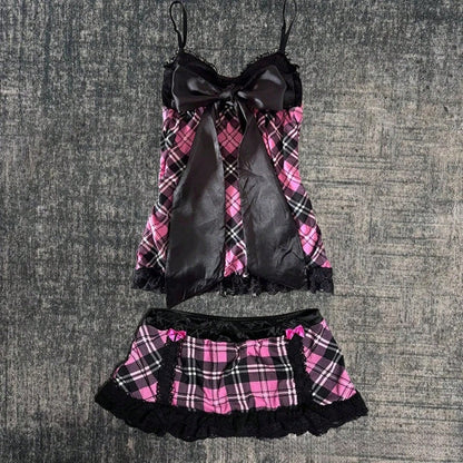 2026Harajuku Sweet Cool American High Street Casual Tank Tops Y2k Aesthetic Constrast Color Plaid Camisole Thin A-Line Lace Edge TeeA Must-Have For Women
