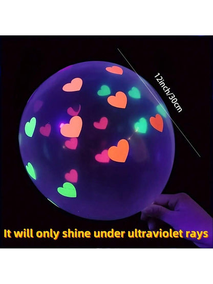 20pcs Neon Heart Balloons Glow In The Dark, UV Reactive 12inch, Perfect For Birthday, Wedding, Valentine's Day, Summer Party, Night Gathering, UV Reactive Latex Party Decoration, Requires Purple Light