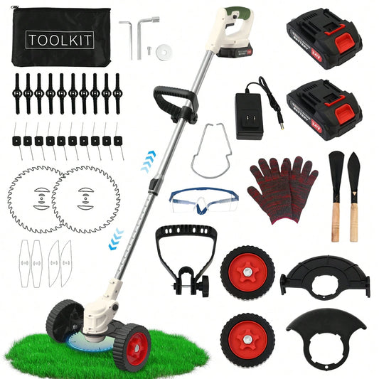 21V Cordless Grass Trimmer, 3-In-1 Lawn Mower/Edger/Brush Cutter With 2*2.0Ah Batteries, Adjustable Length, Multi-Blade System For Yard & Garden