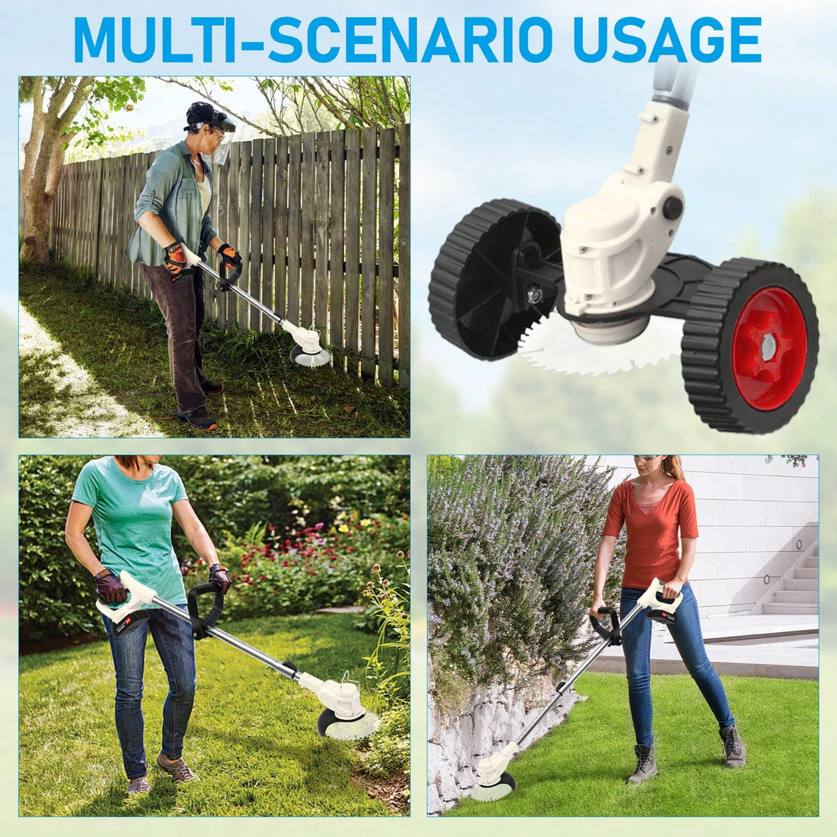 21V Cordless Grass Trimmer, 3-In-1 Lawn Mower/Edger/Brush Cutter With 2*2.0Ah Batteries, Adjustable Length, Multi-Blade System For Yard & Garden