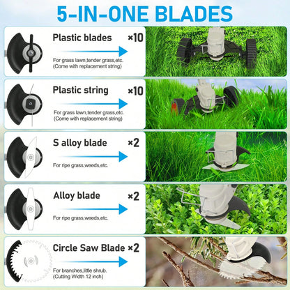 21V Cordless Grass Trimmer, 3-In-1 Lawn Mower/Edger/Brush Cutter With 2*2.0Ah Batteries, Adjustable Length, Multi-Blade System For Yard & Garden