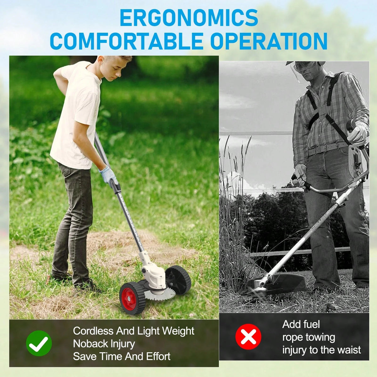 21V Cordless Grass Trimmer, 3-In-1 Lawn Mower/Edger/Brush Cutter With 2*2.0Ah Batteries, Adjustable Length, Multi-Blade System For Yard & Garden