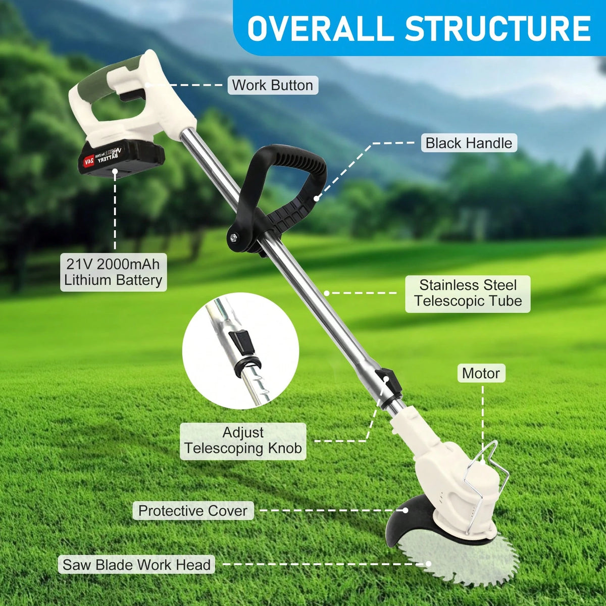 21V Cordless Grass Trimmer, 3-In-1 Lawn Mower/Edger/Brush Cutter With 2*2.0Ah Batteries, Adjustable Length, Multi-Blade System For Yard & Garden
