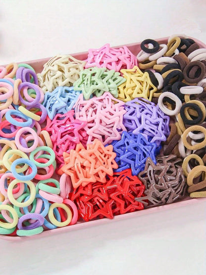 220pcs/Set Colorful Cute Hair Scrunchies & Hair Clips Set, Suitable For Daily Life, Back To School, And Celebration Events