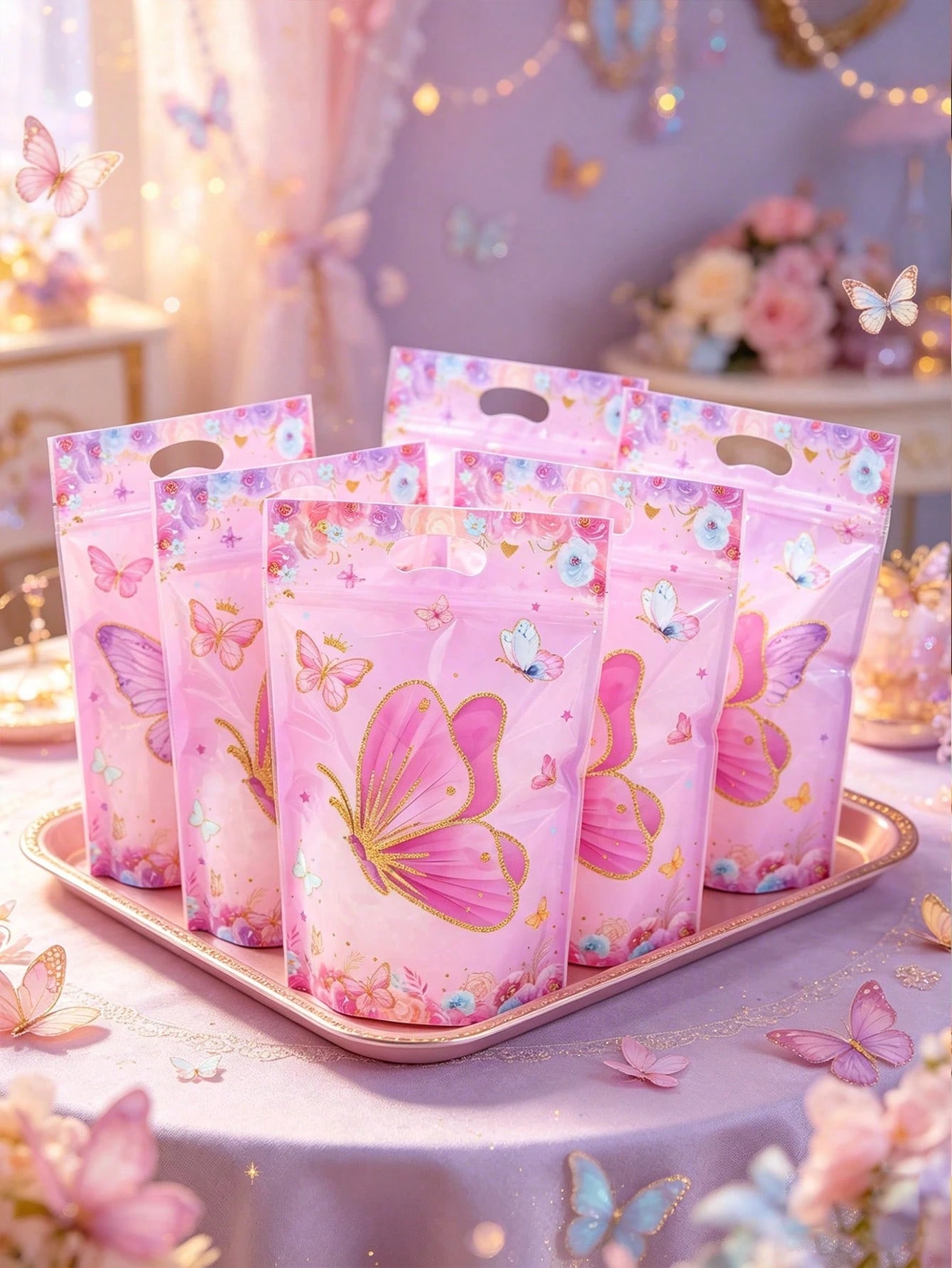 25pcs Butterfly Pattern Gift Bags, Bags With Butterfly And Flower Patterns, Party Favor Bags With Handles, 1st Birthday Party Decor, Baby Shower Party Favor Bags, Gender Reveal Party Supplies, Birthda
