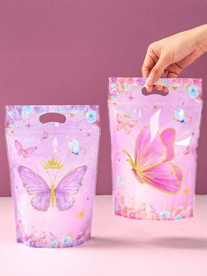 25pcs Butterfly Pattern Gift Bags, Bags With Butterfly And Flower Patterns, Party Favor Bags With Handles, 1st Birthday Party Decor, Baby Shower Party Favor Bags, Gender Reveal Party Supplies, Birthda
